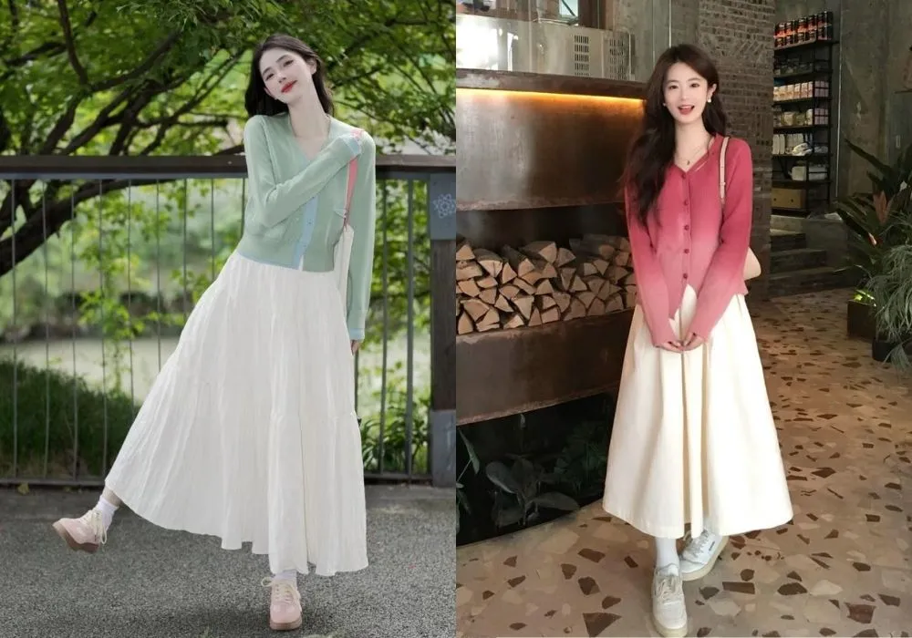 Cách phối đồ với áo cardigan nữ màu hồng nhạt và chân váy trắng (Nguồn: Internet)