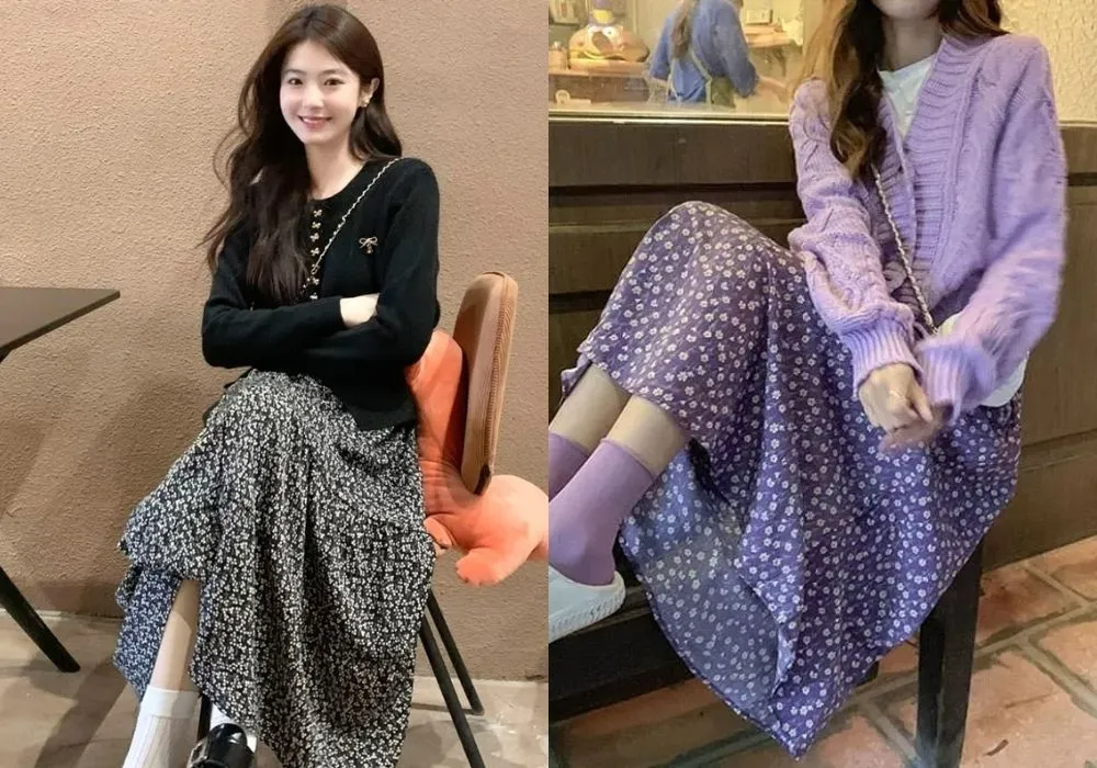Phối áo len cardigan ton sur ton với váy hoa nhí tím dịu dàng (Nguồn: Internet)