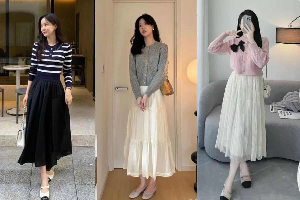 Chân váy midi kết hợp với áo len cực duyên dáng (Nguồn: Internet)