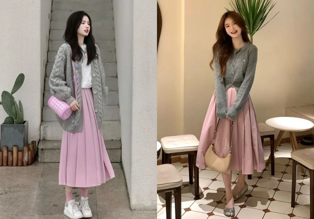 Cách mix áo cardigan nữ với chân váy xếp ly (Nguồn: Internet)