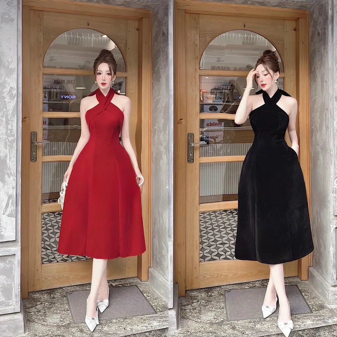 Kiểu đầm lụa thắt eo cổ chéo quý phái