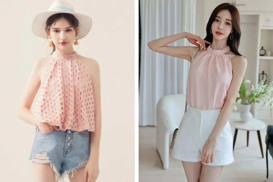 Áo cổ yếm mặc cùng quần short nữ là sự kết hợp hoàn hảo với một vẻ ngoài điệu đà nhưng không kém phần cá tính