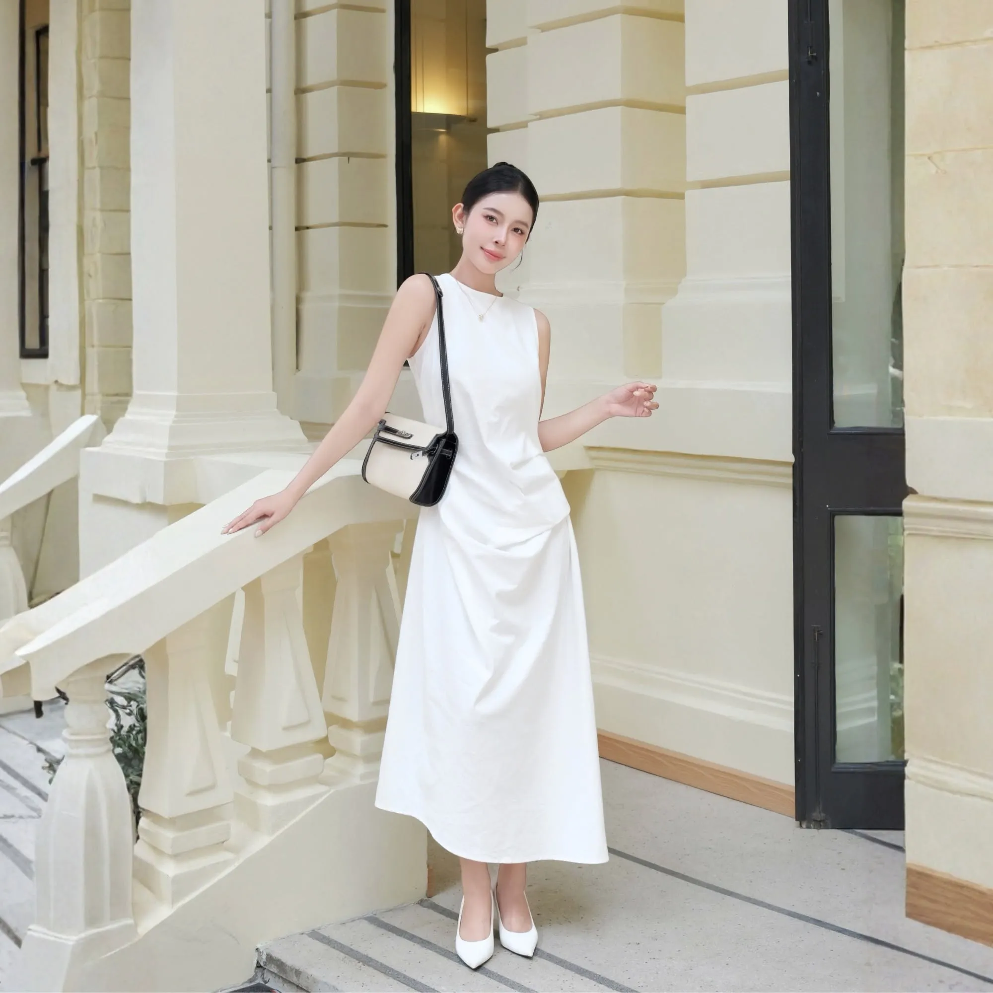 Dạo phố Paris nhẹ nhàng với đầm suông chiết eo thanh lịch