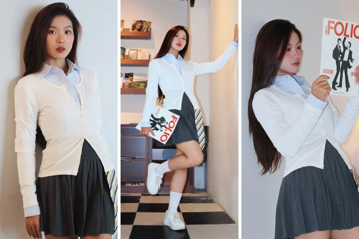 phối áo cardigan cùng chân váy xếp ly xám