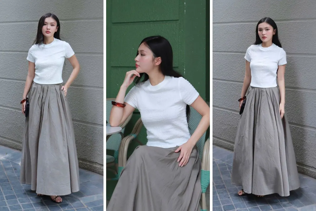 áo croptop với chân váy dài thướt tha