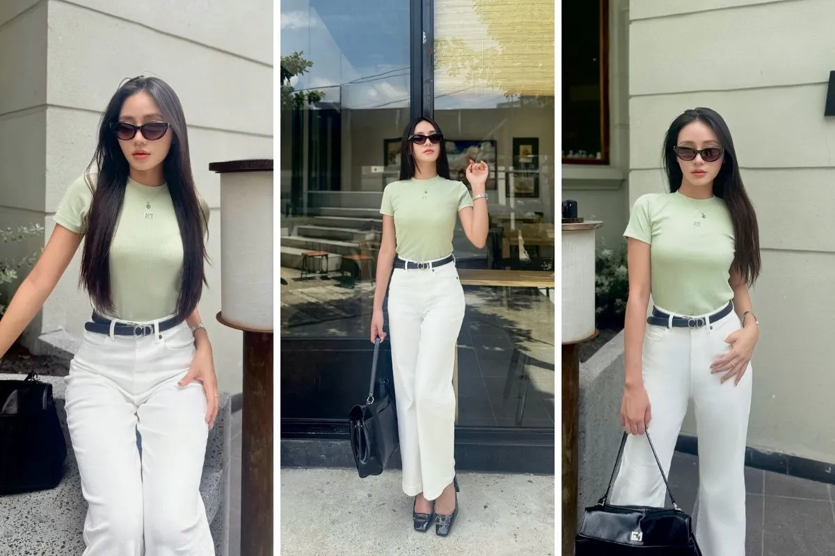 áo thun slimme cùng quần jeans trắng
