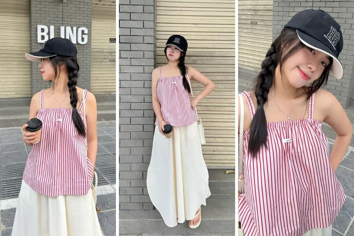 tanktop phối sọc phối chân váy dài thướt tha