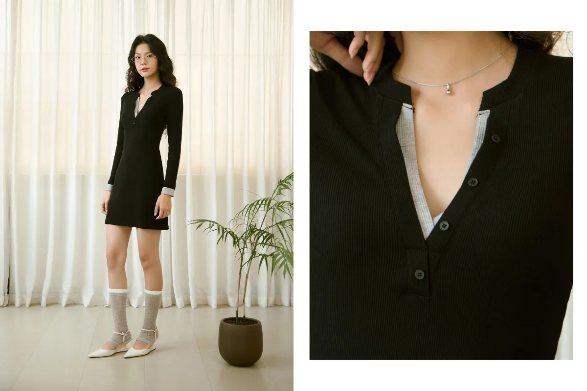 mặc đầm thun gân tay dài co giãn