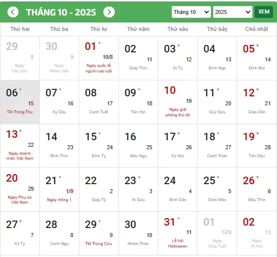 lịch nghỉ tết trung thu