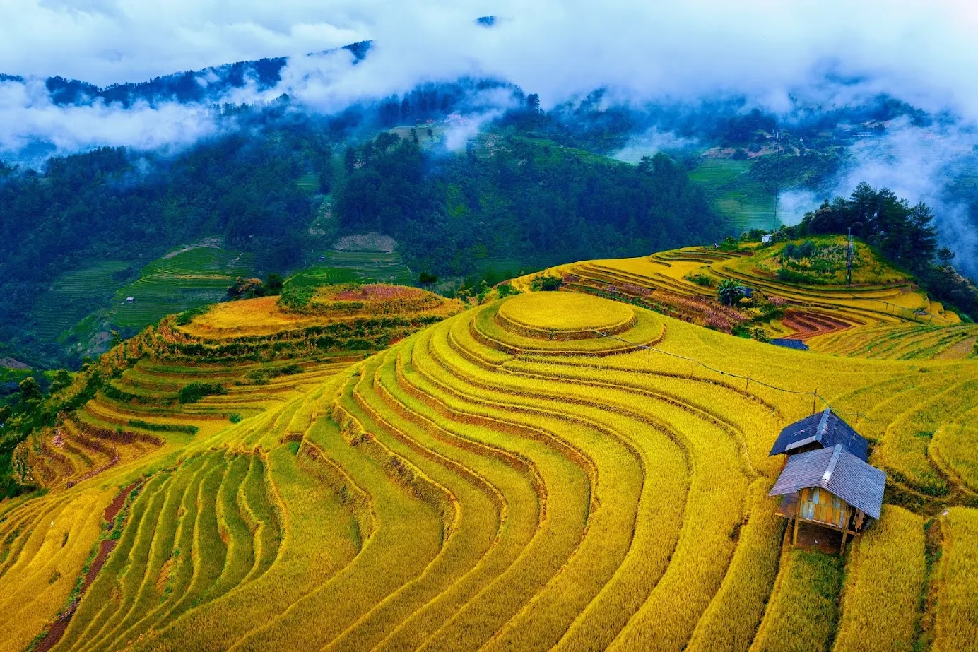 Mù Cang Chải nổi bật bởi những thửa ruộng bậc thang uốn lượn theo sườn núi