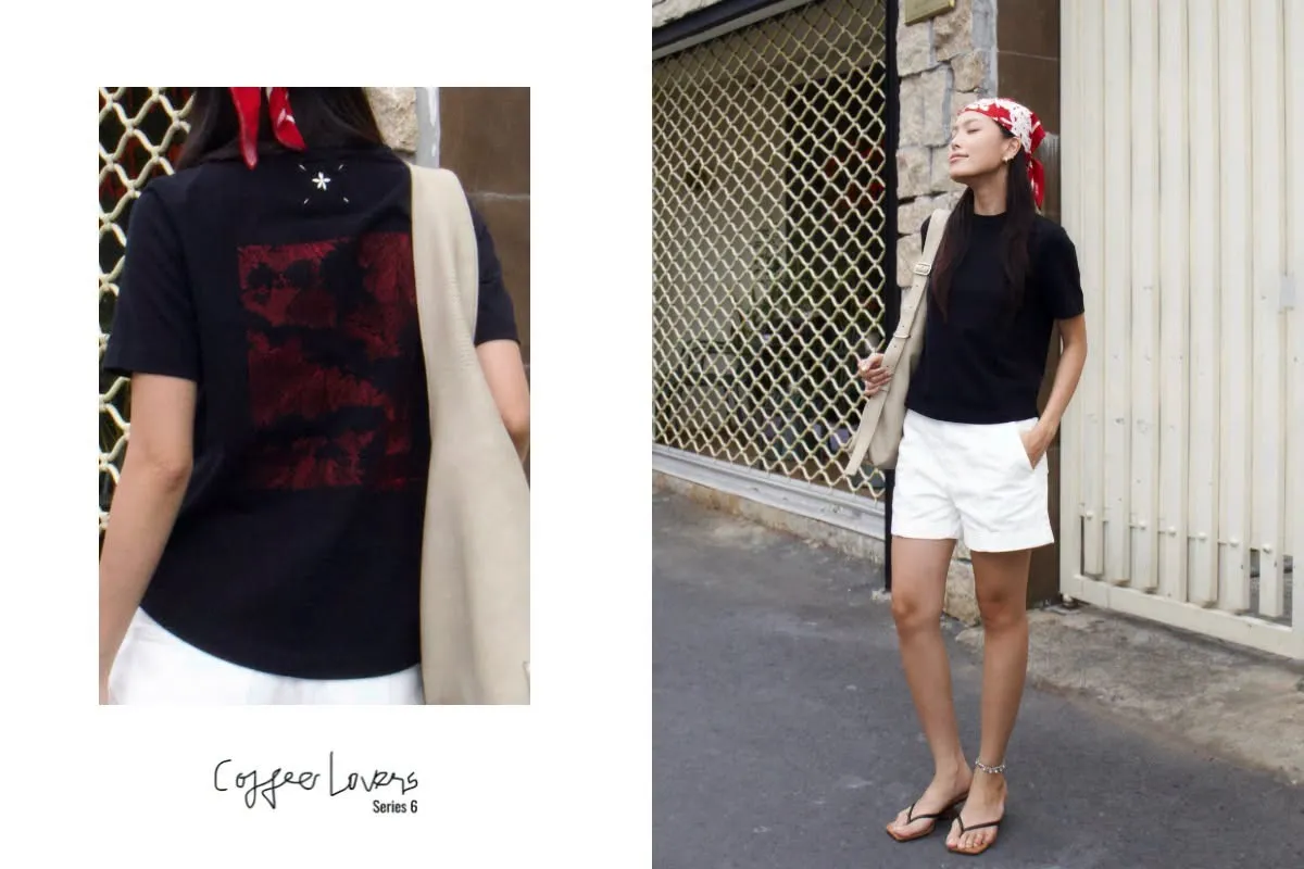 Năng động và nổi bật hơn khi diện áo thun đen, quần short trắng cùng khăn bandana đỏ