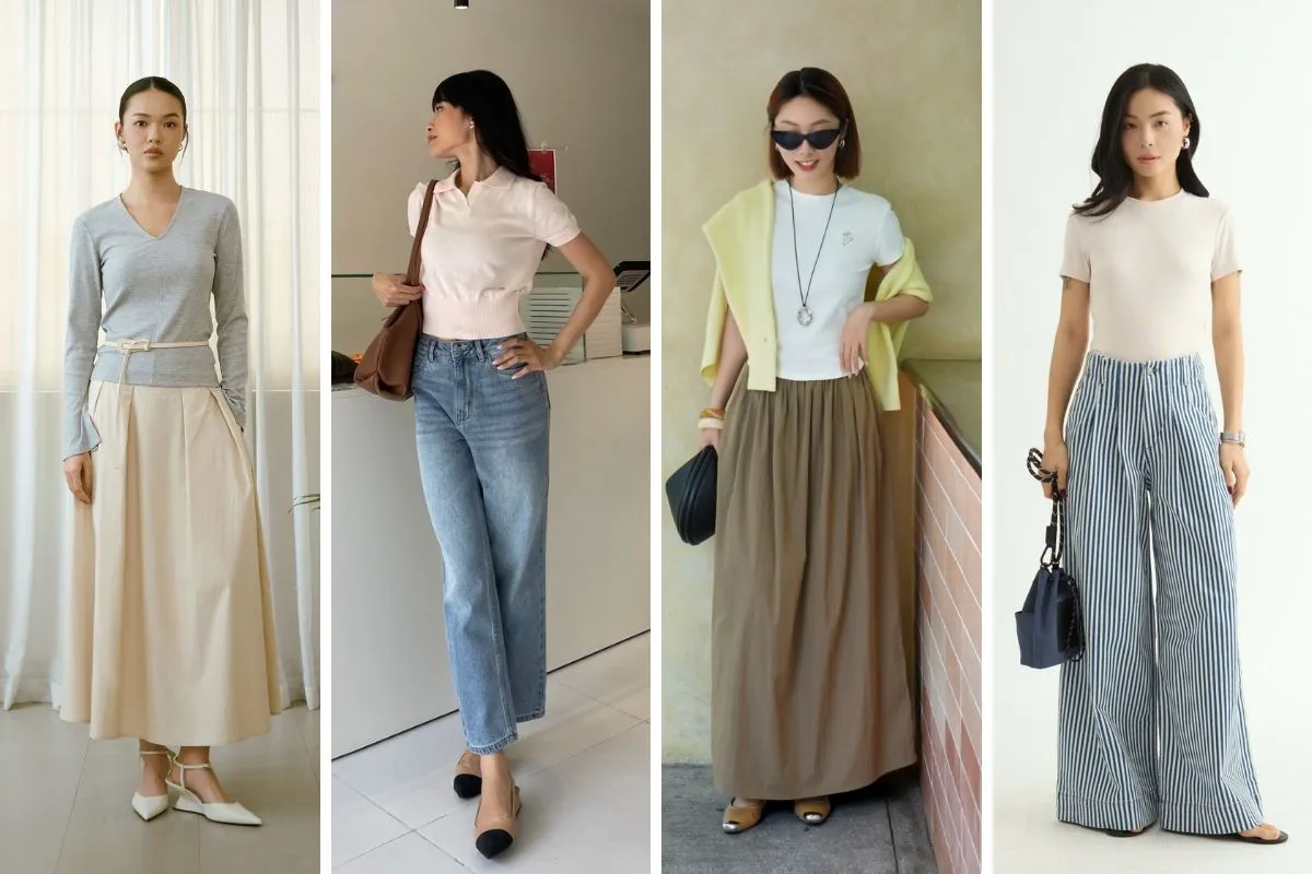 phối đồ với chân váy dài hoặc quần dài kín đáo