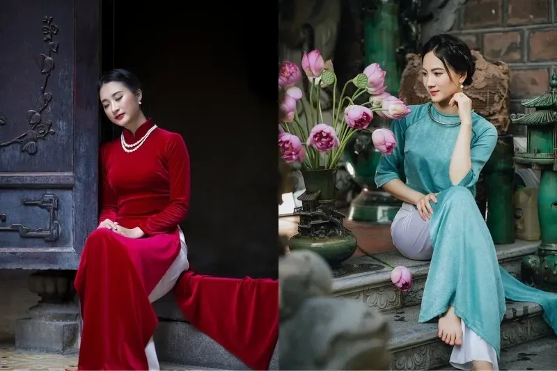 Tạo dáng ngồi chụp ảnh với áo dài Tết truyền thống