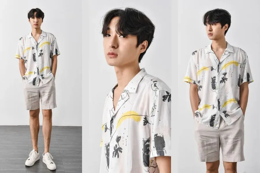 Áo hoa đi biển mix cùng quần short trơn là set đồ phổ biến nhất của các chàng trai khi đi du lịch biển.