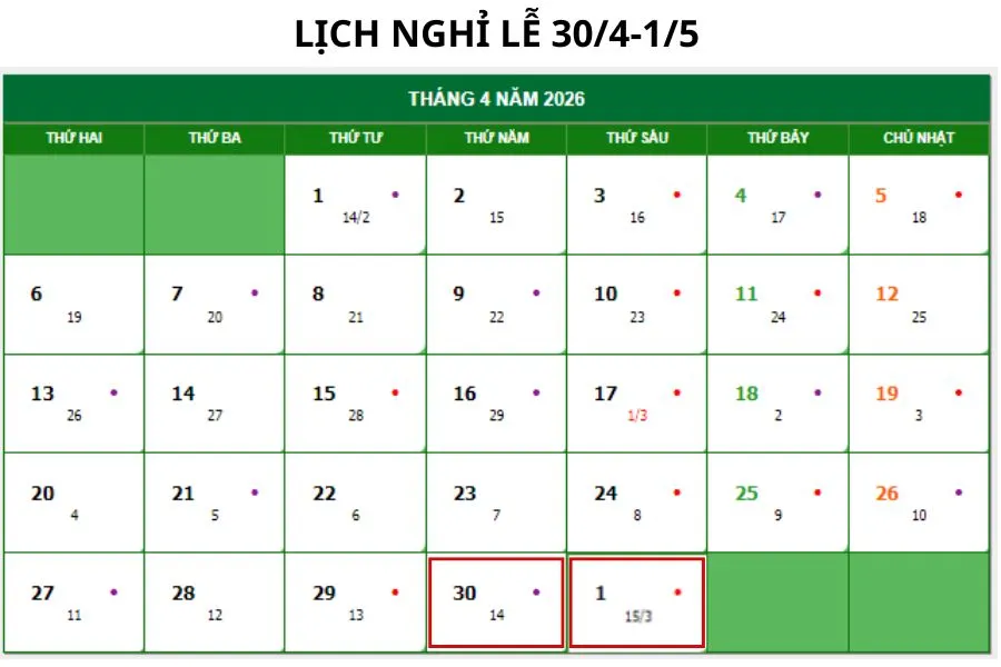 lịch nghỉ lễ 30/4