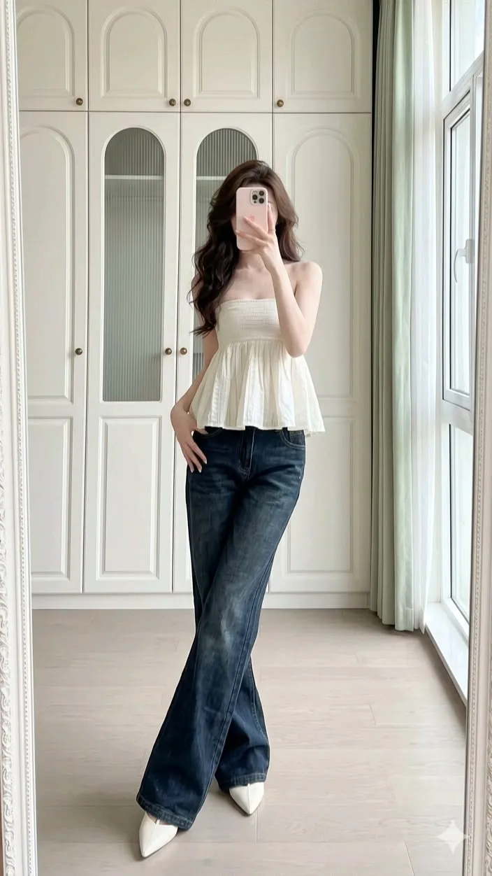 Sắc màu trắng ngà mix cùng quần jean trẻ trung, năng động