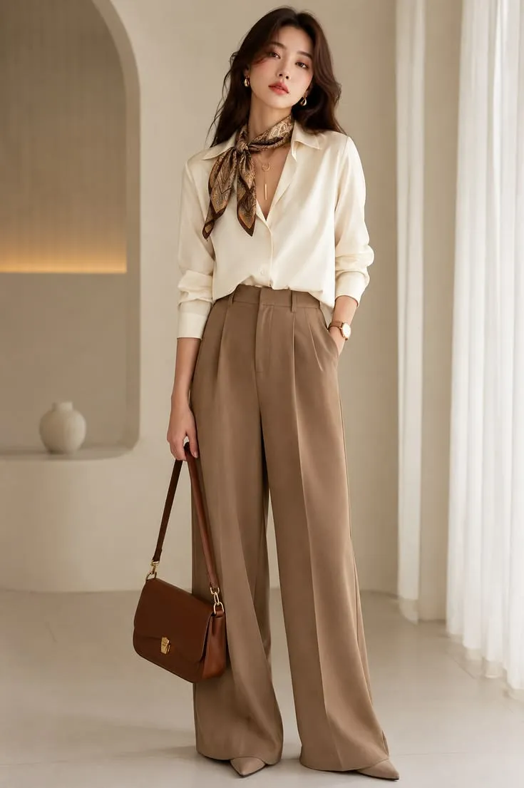 Outfit phối màu nâu làm nổi bật nét ấm áp của màu ivory