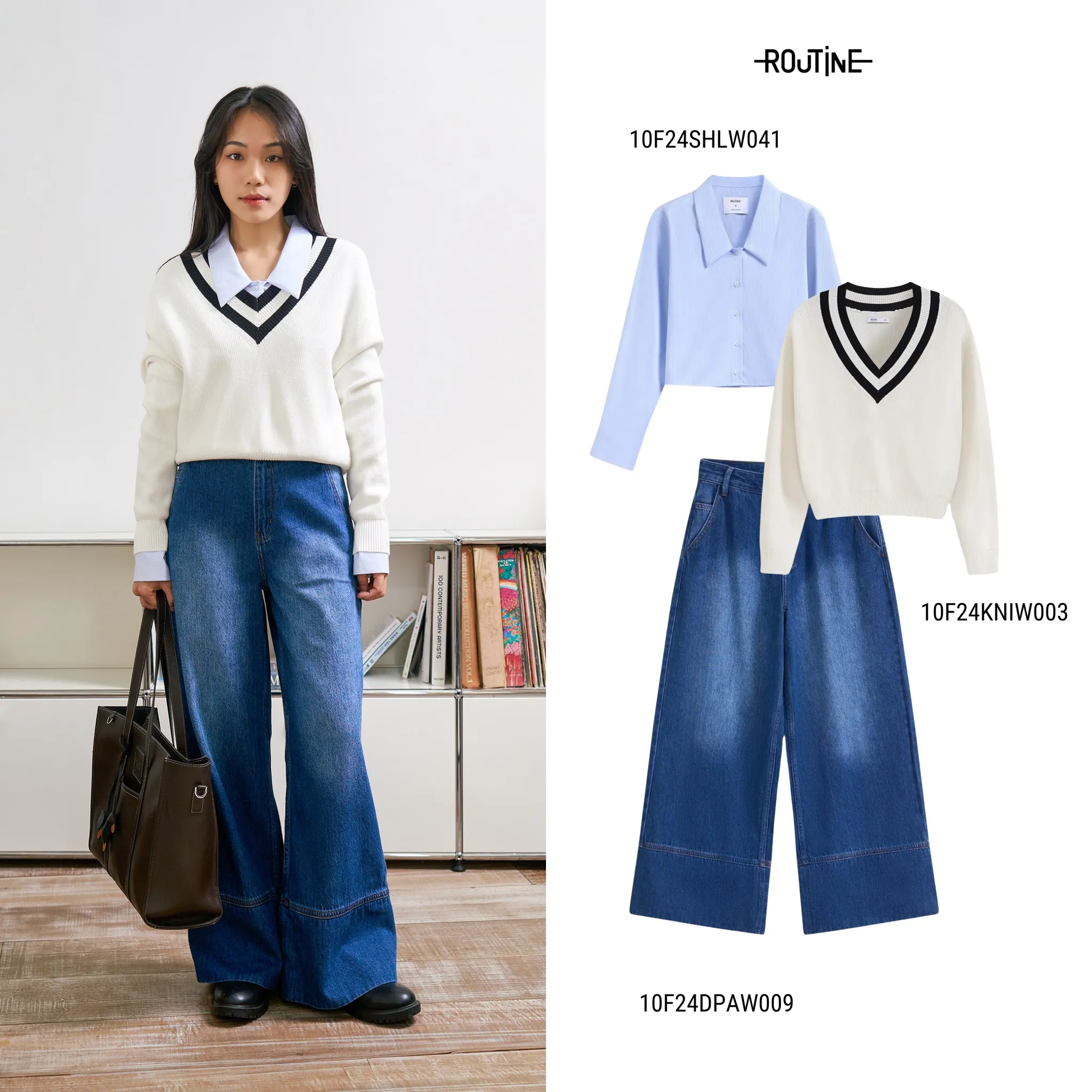 Mix quần ống loe với áo sơ mi, áo len theo phong cách layer cá tính, hiện đại (Nguồn: Routine)