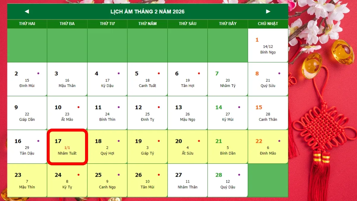 Mùng 1 Tết Bính Ngọ 2026 rơi vào ngày 17/2, thứ 3