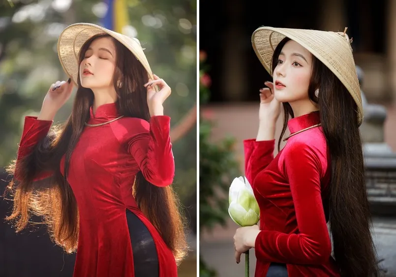 Nón lá là phụ kiện quen thuộc được phái đẹp sử dụng khi chụp ảnh áo dài