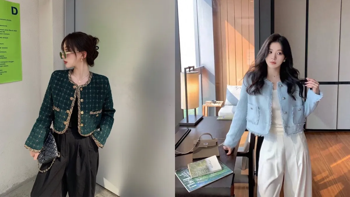 Outfit cho nàng công sở thanh lịch, trang nhã với quần ống rộng và áo khoác tweed ngắn