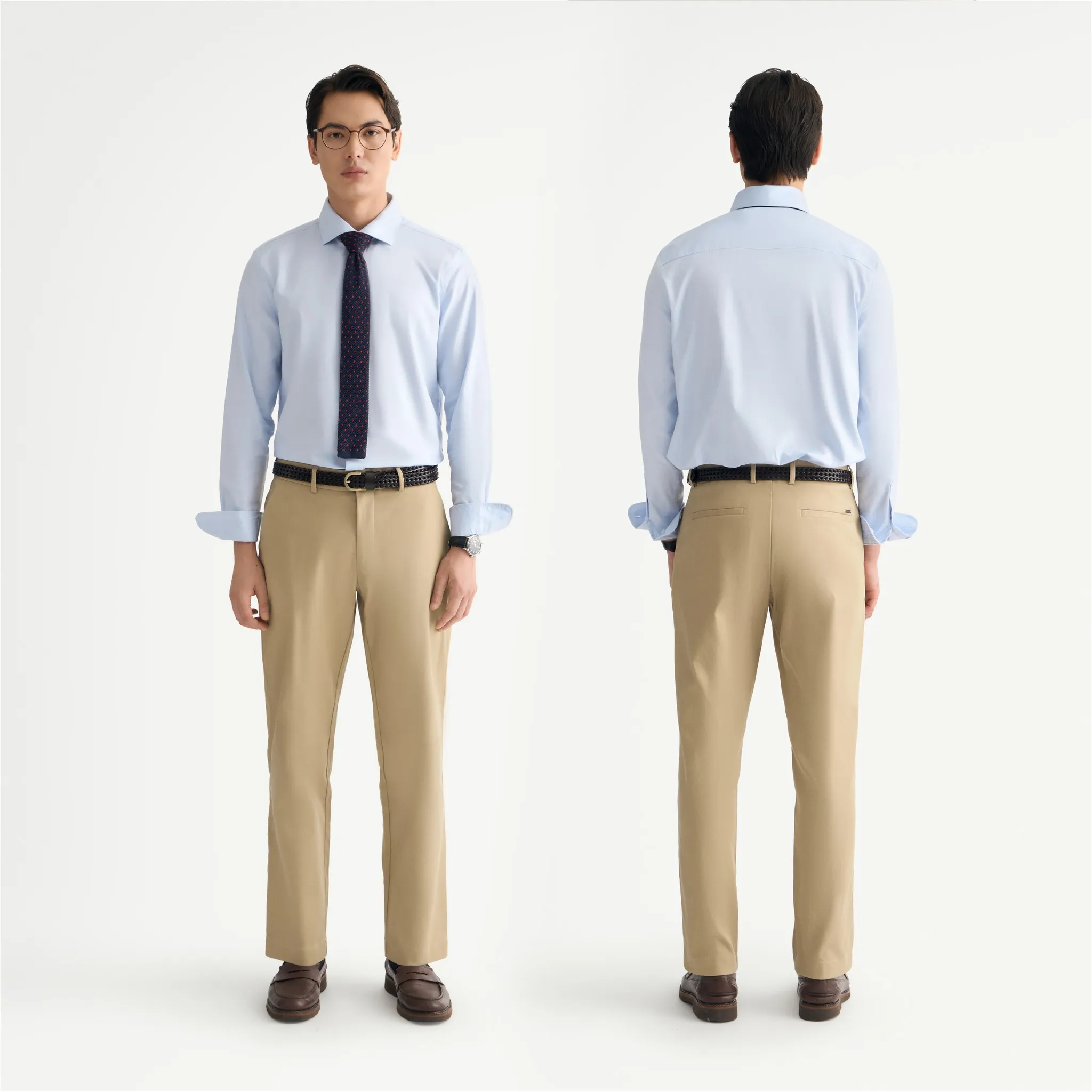 Outfit công sở cho nam văn phòng với màu nâu nhạt và xanh dương (Nguồn: Routine)