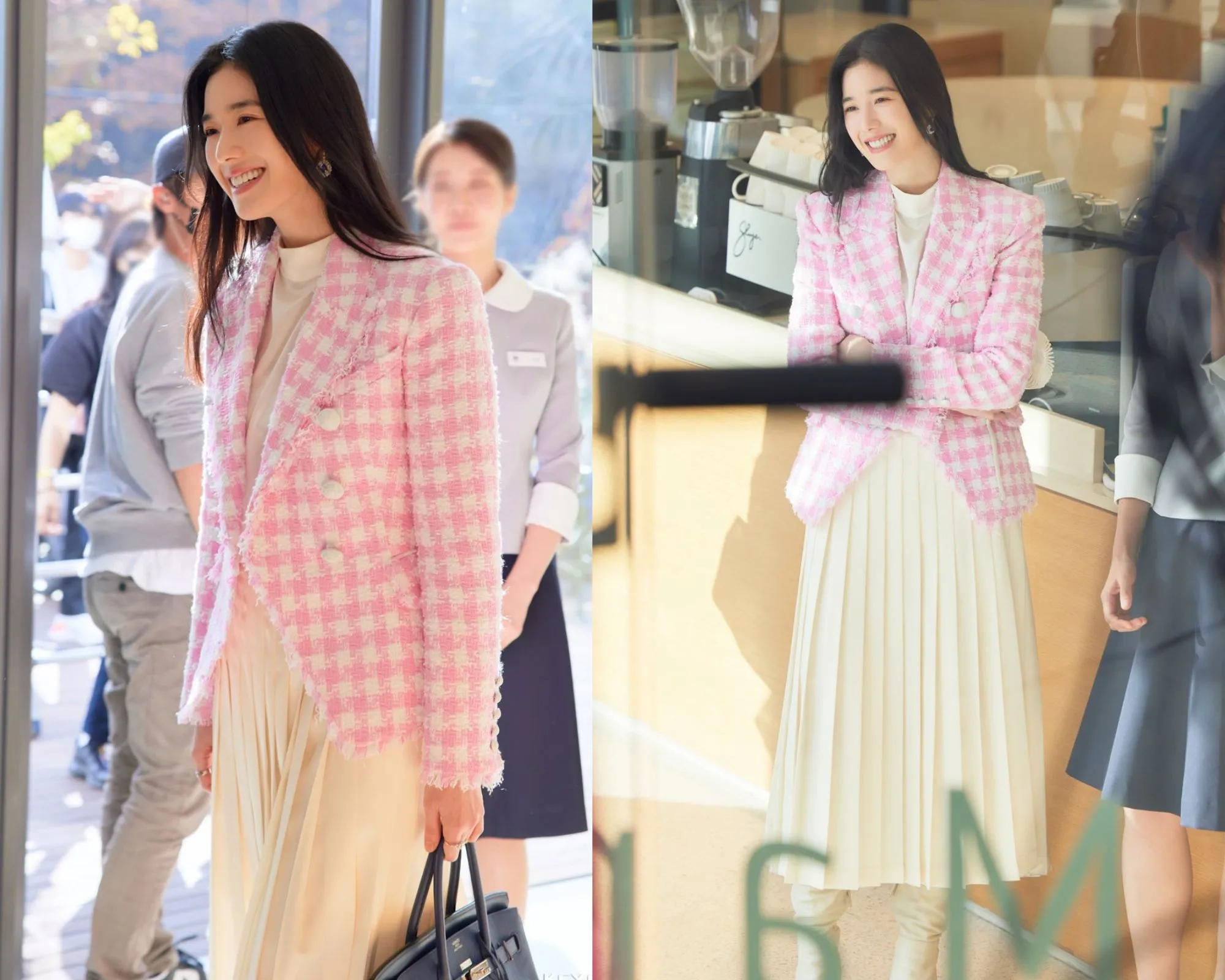 Outfit mix áo dạ tweed ngắn màu hồng trắng và chân váy midi dịu dàng (Nguồn: Internet)