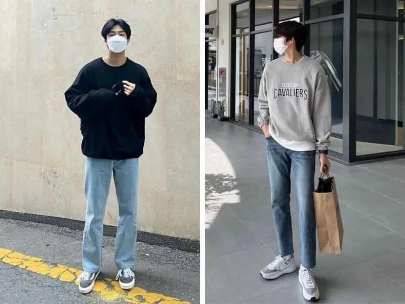 Phối áo Sweatshirt với quần jean năng động cho nam (Nguồn: Internet)