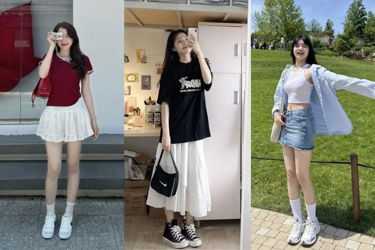 Trẻ trung, năng động nhưng không kém phần duyên dáng khi phối chân váy với giày sneaker (Nguồn: Internet)