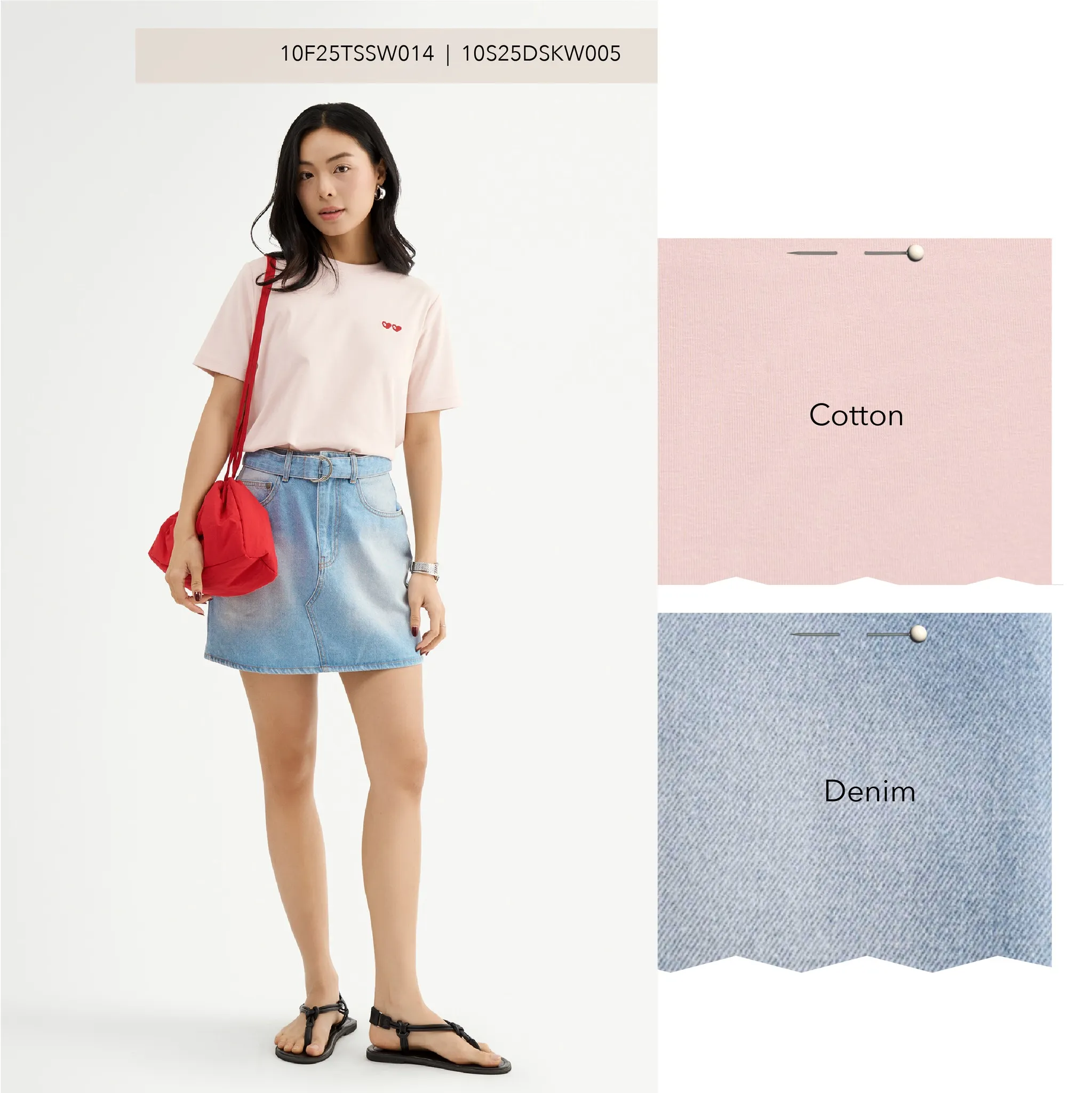 Áo thun hồng pastel mix & match với chân váy denim đơn giản