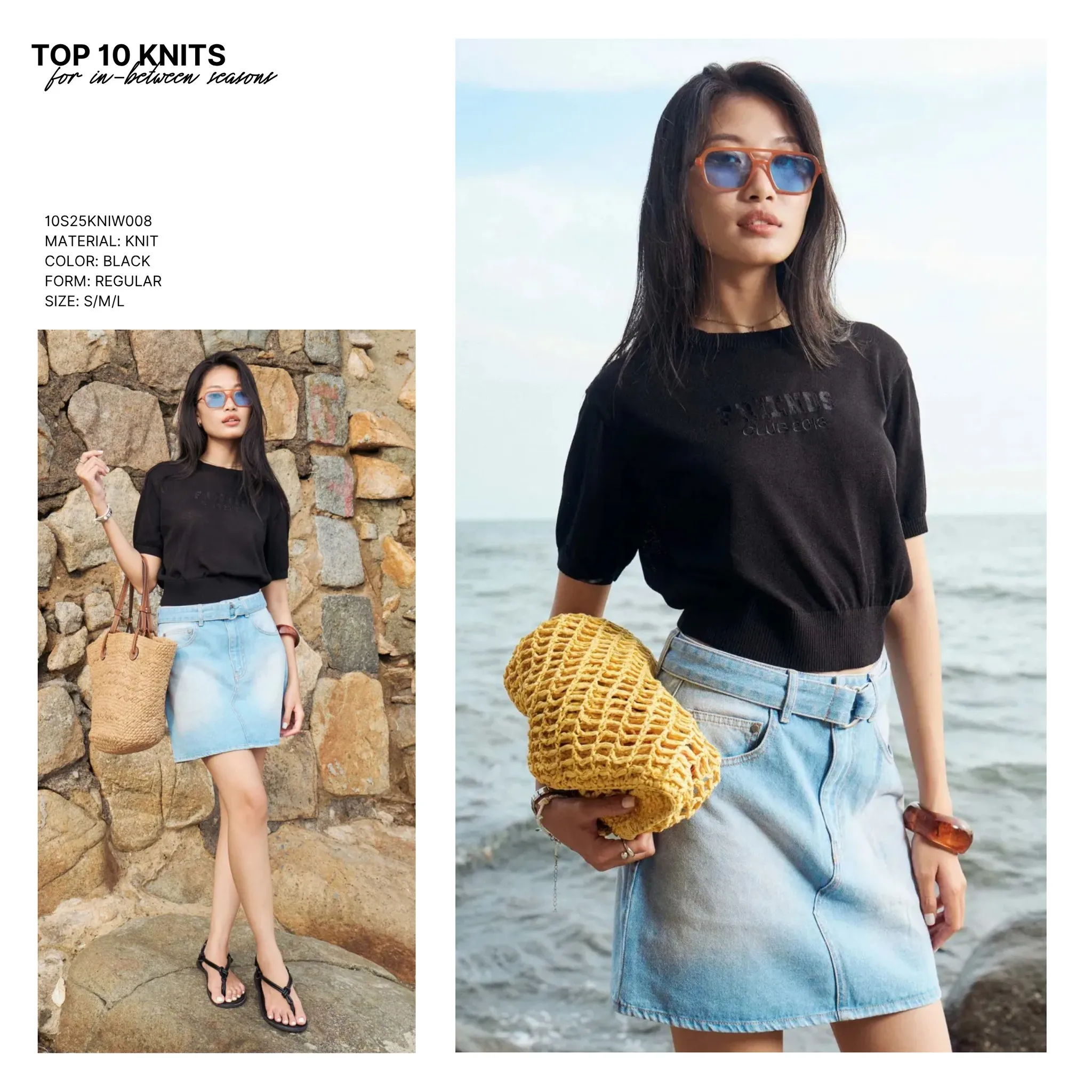 Áo knit đen mix với váy jean ngắn đơn giản nhưng thu hút