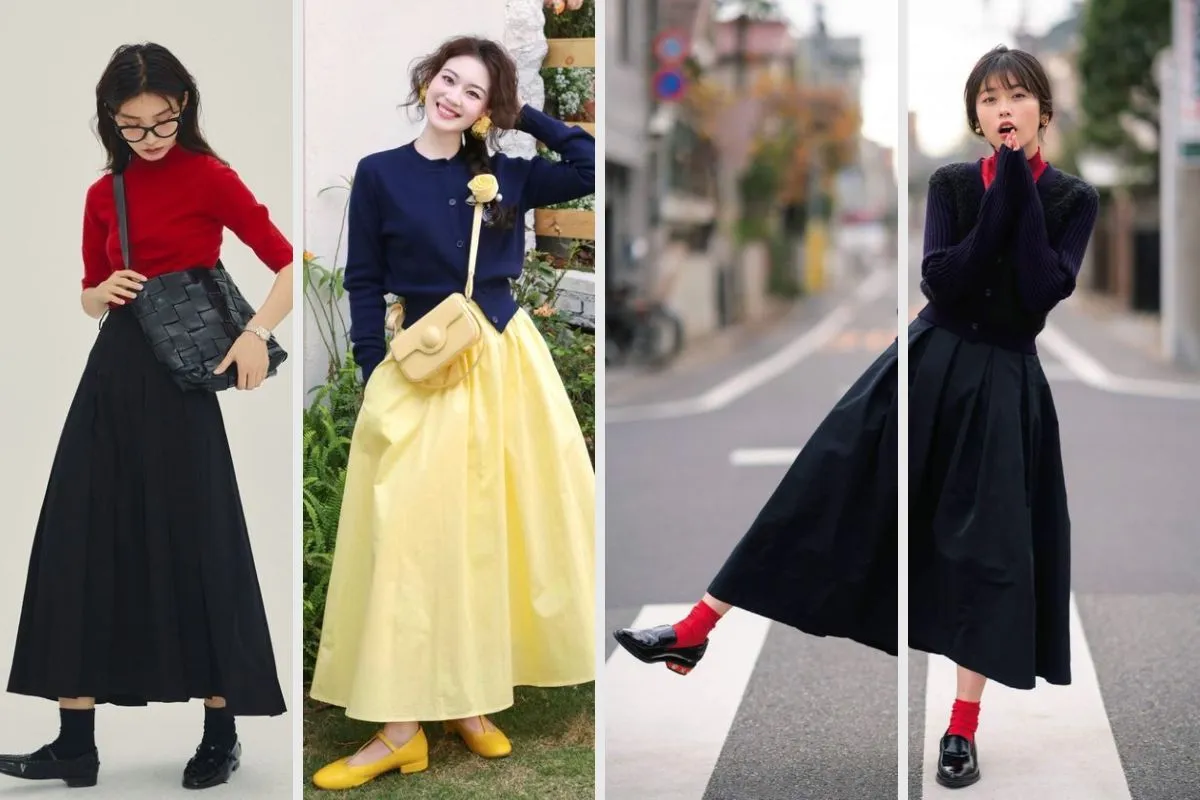 phối áo len cùng chân váy xếp ly cho nàng