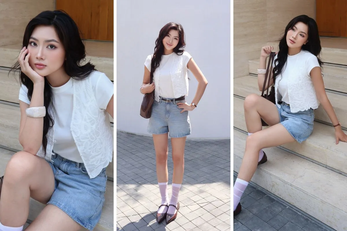 Gợi ý áo thun sáng màu mix quần short denim trẻ trung