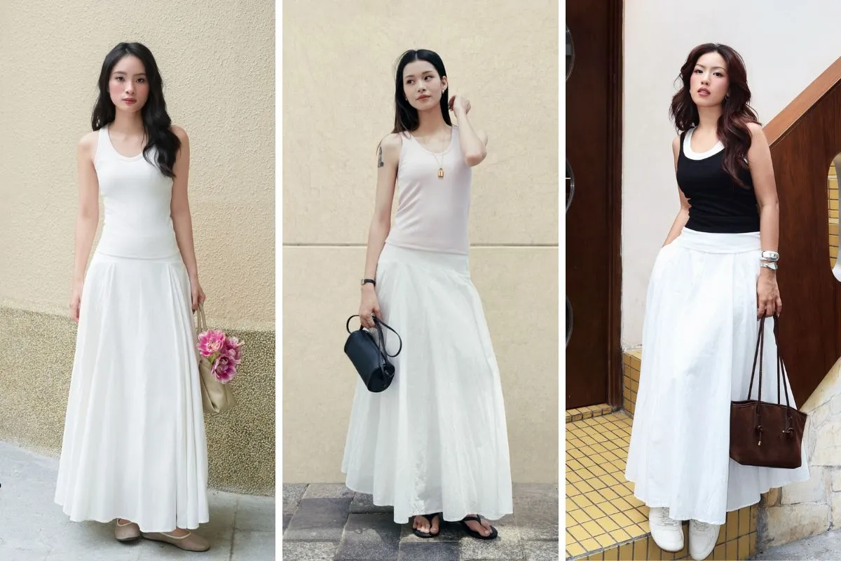 Outfit năng động mix & match áo bra top phối chân váy dài thanh thoát