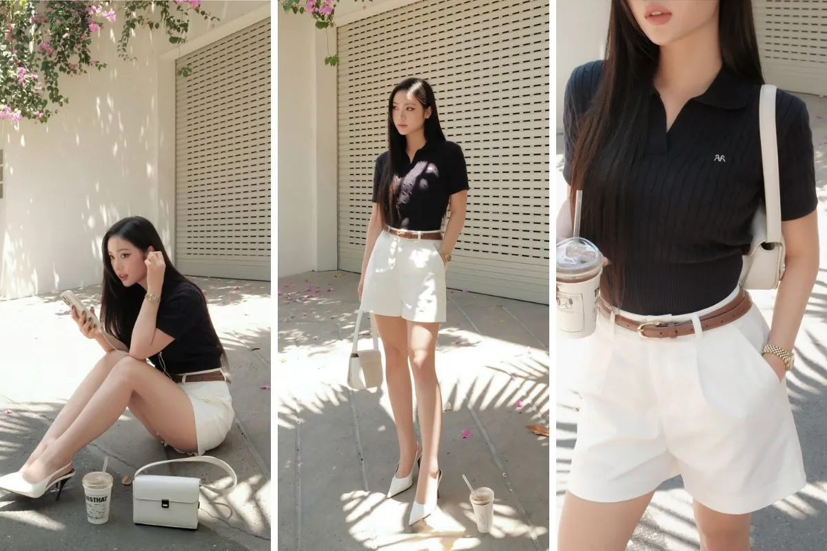 Outfit mùa hè cho nữ công sở với áo polo phối quần short trắng thanh lịch