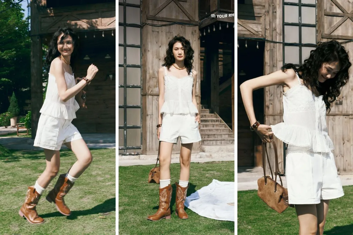 Trang phục áo hai dây gài nút mix quần short denim trẻ trung