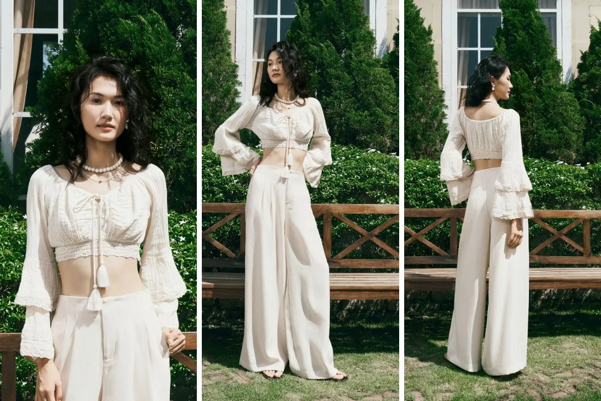 Outfit cho nàng nữ tính với croptop viền ren phối quần ống rộng thời trang