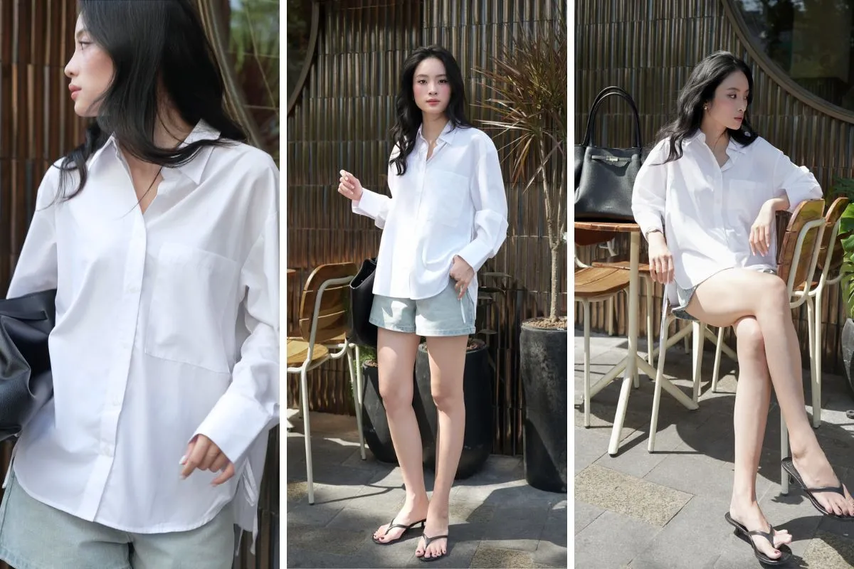 Thử ngay outfit áo sơ mi basic phối quần short jeans năng động