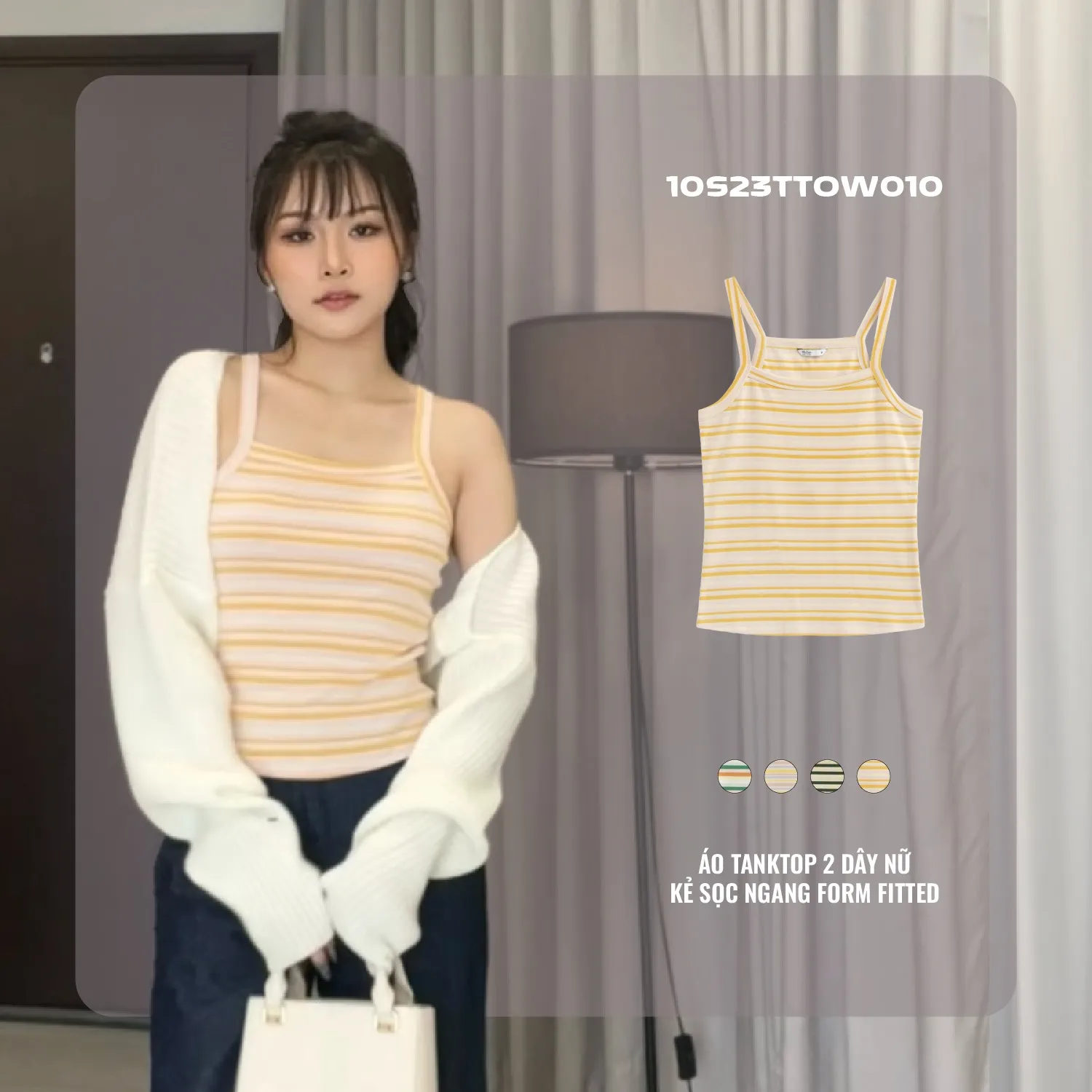 Áo 2 dây kẻ sọc màu sắc + Quần jeans cho vẻ ngoài tràn đầy sức sống