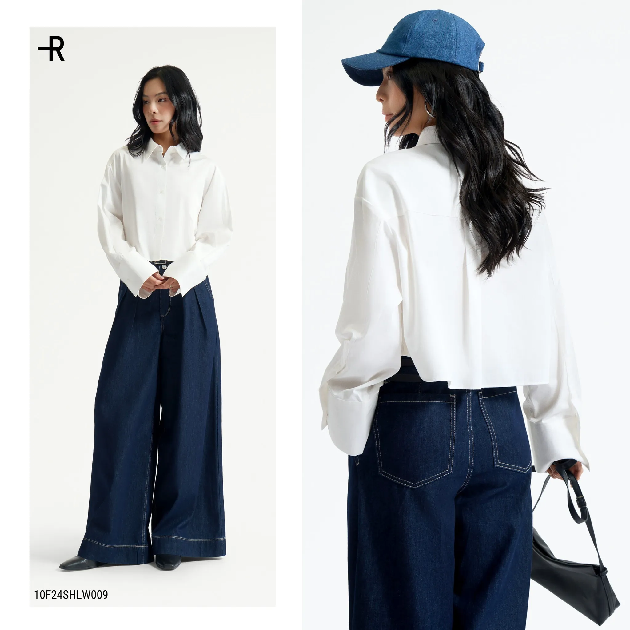 sơ mi croptop trắng với quần jean ống rộng