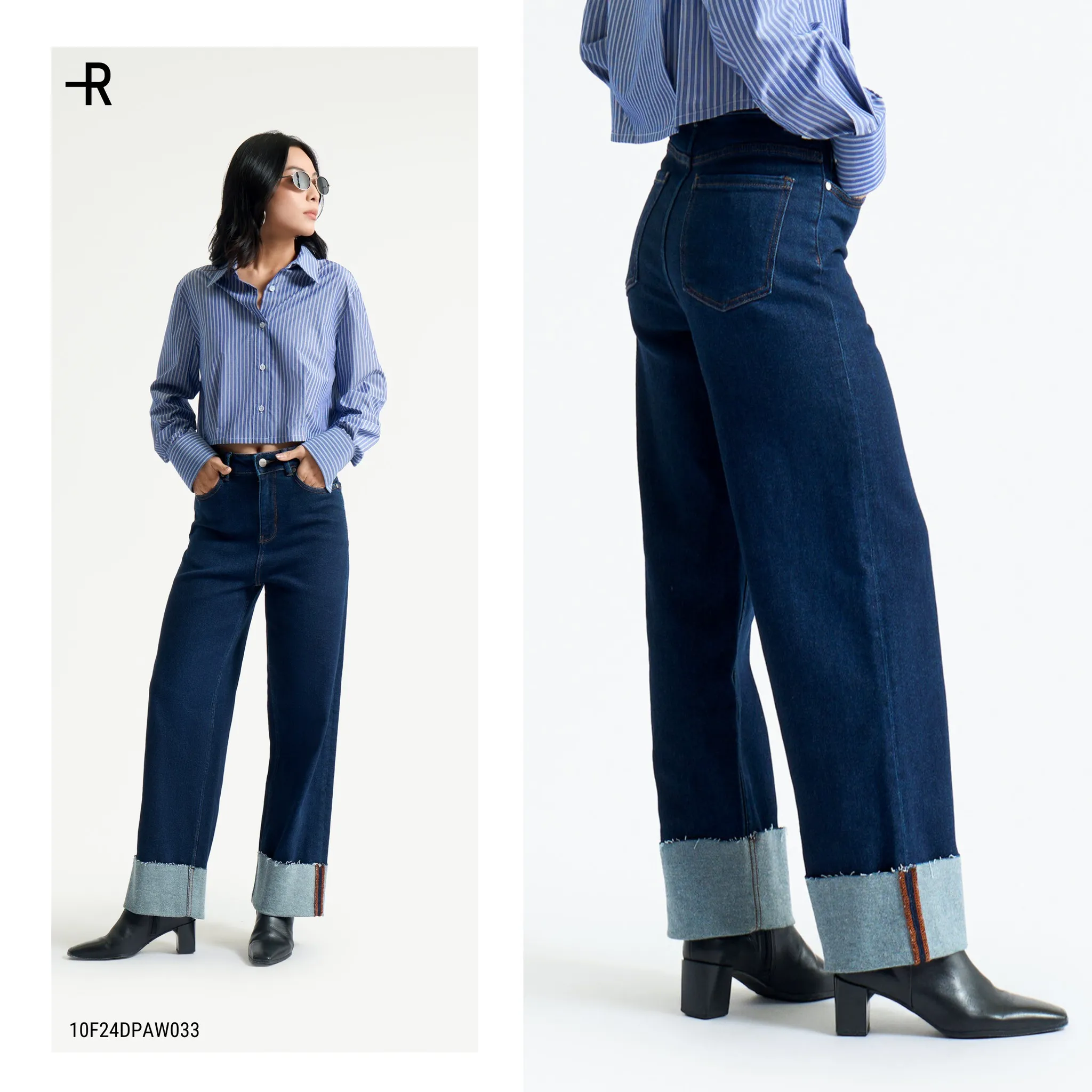 sơ mi croptop xanh phối quần jeans