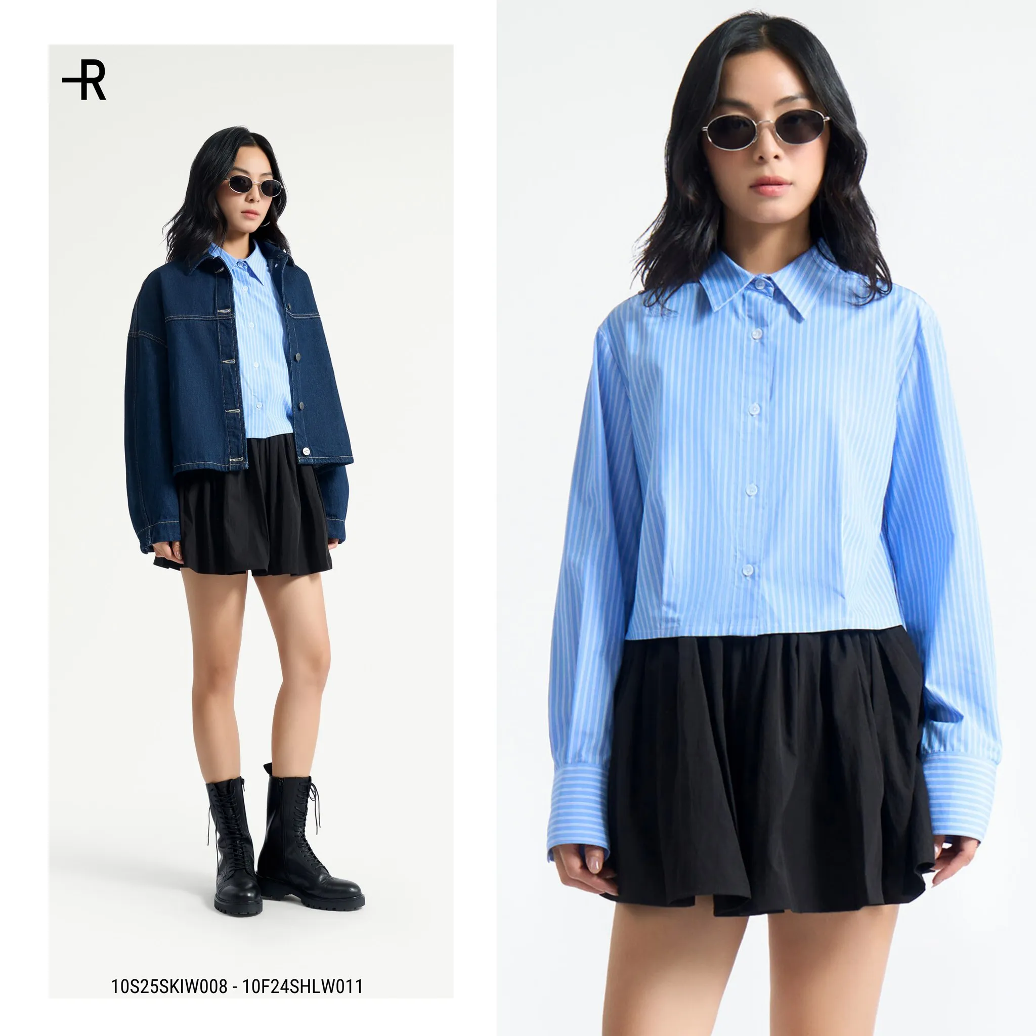 chân váy ngắn phối cùng áo sơ mi croptop