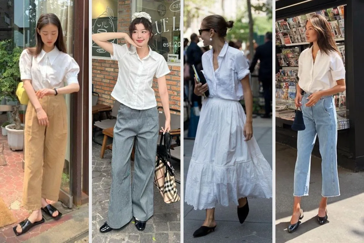 phối đồ với áo sơ mi trắng kiểu ngắn tay