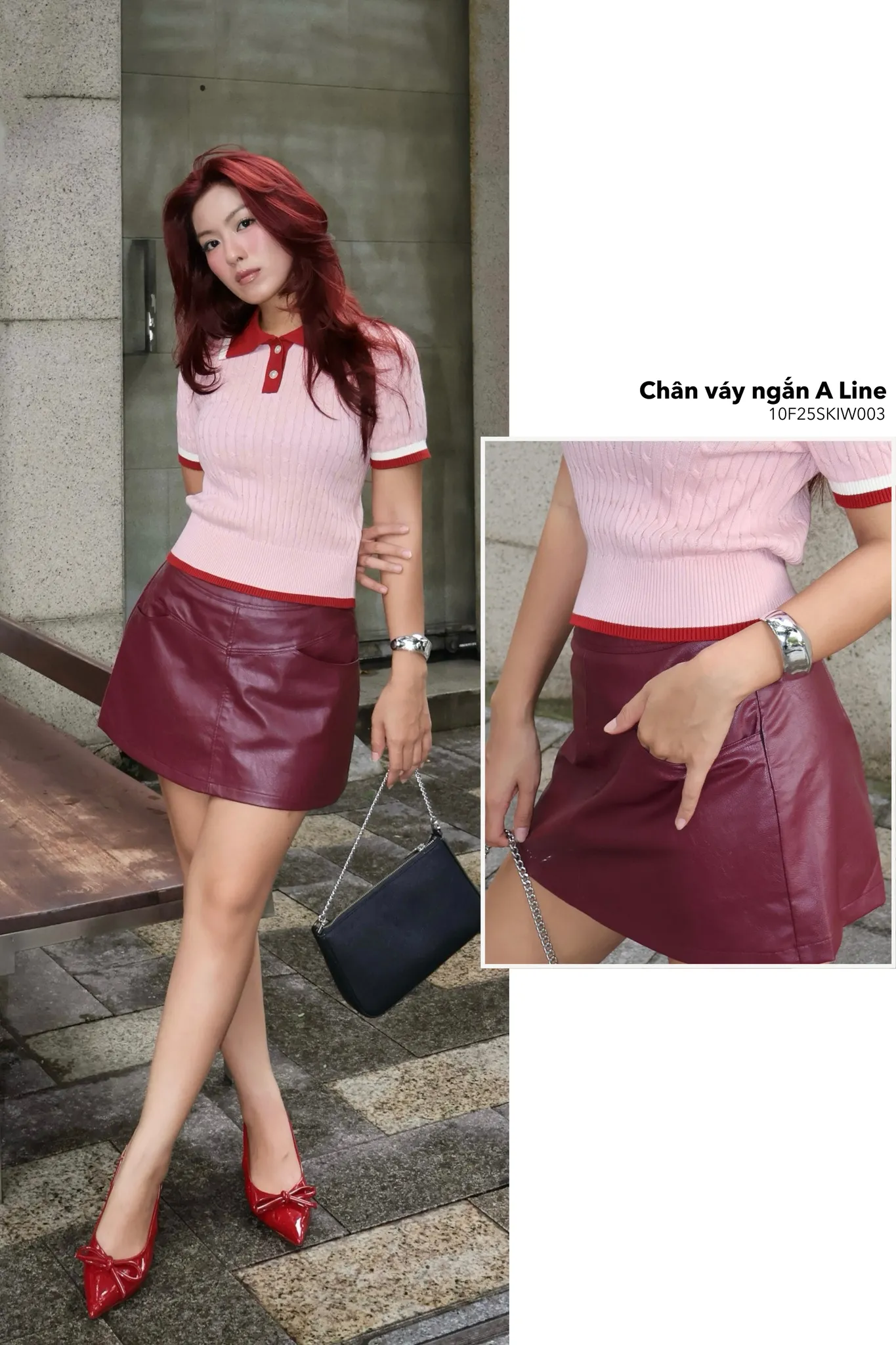 Chân váy chữ A ngắn mix áo polo dệt kim, phong cách trẻ trung, dễ ứng dụng