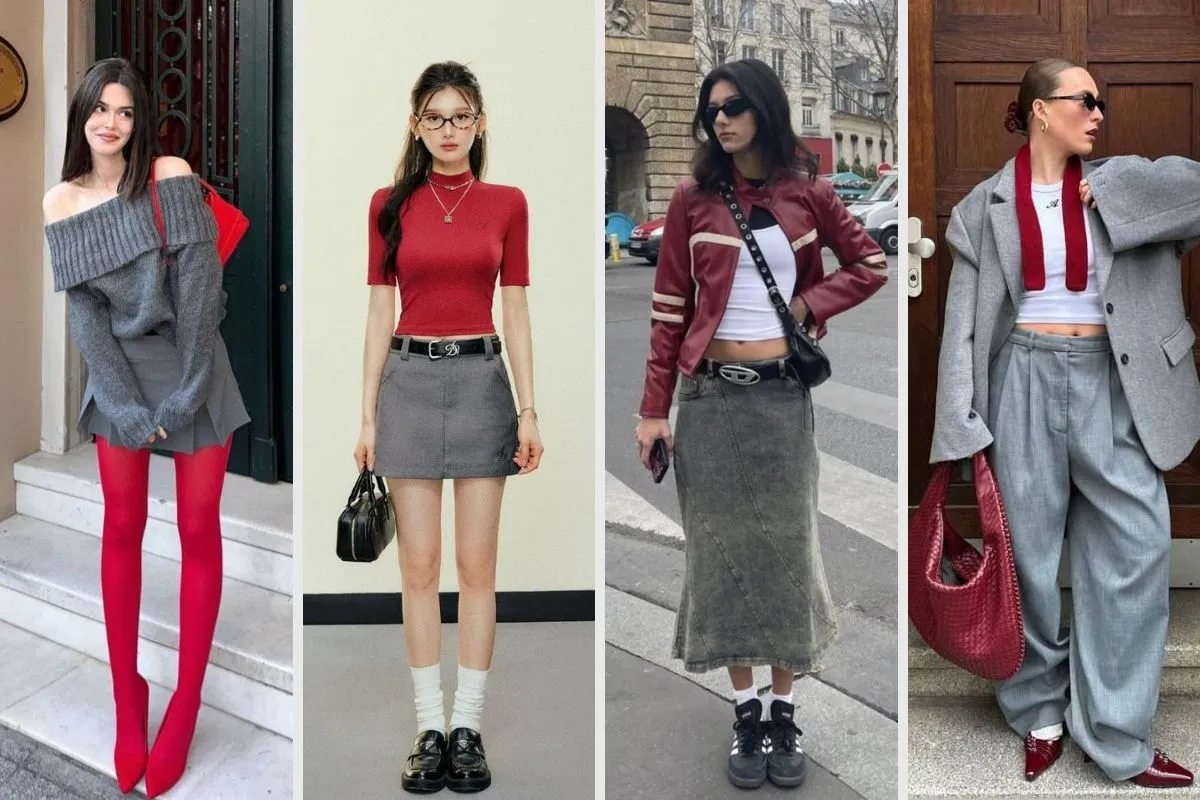 phối đồ siêu đẹp cùng màu xàm và đỏ