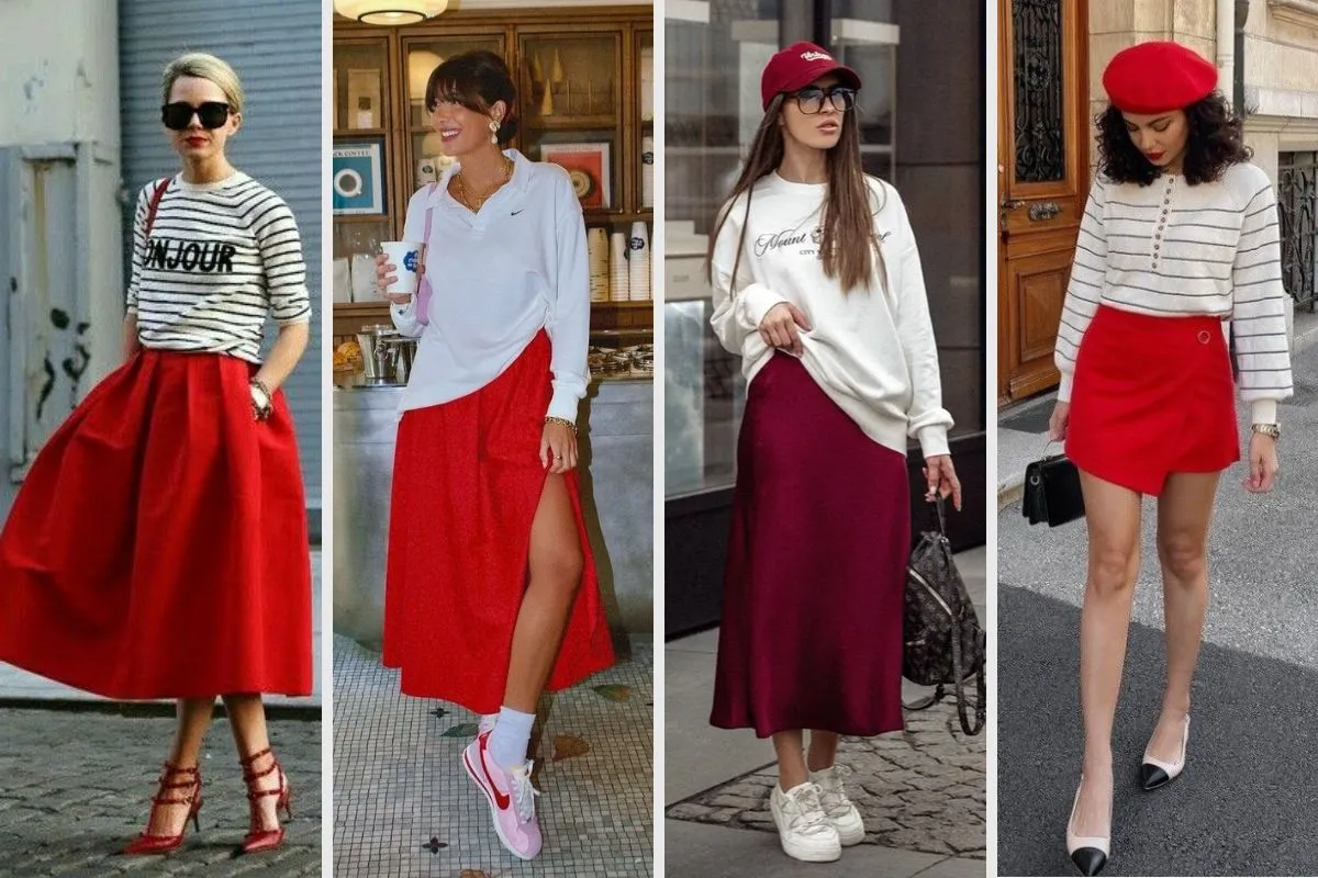 Chân váy đỏ mix áo trắng cực kỳ matching