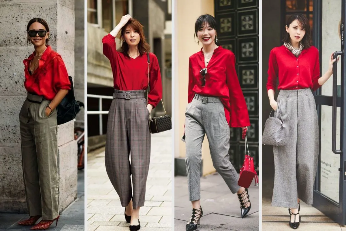 phối sơ mi đỏ với quần âu xám thanh lịch
