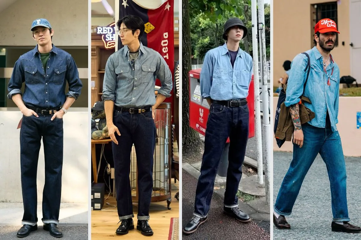 phối quần jeans cùng áo sơ mi jeans tone sur tone