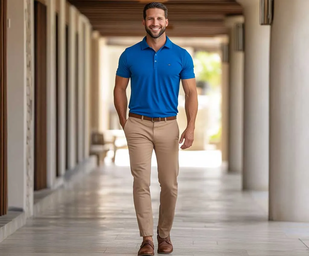 Cách phối màu xanh Coban cùng quần nâu đơn giản (Nguồn: Internet)