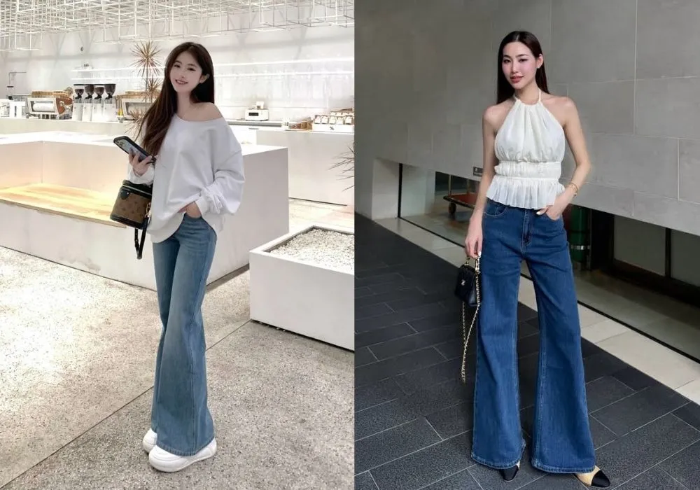 Phối áo thun đơn giản, sành điệu với quần ống loe hiện đại (Nguồn: Internet)